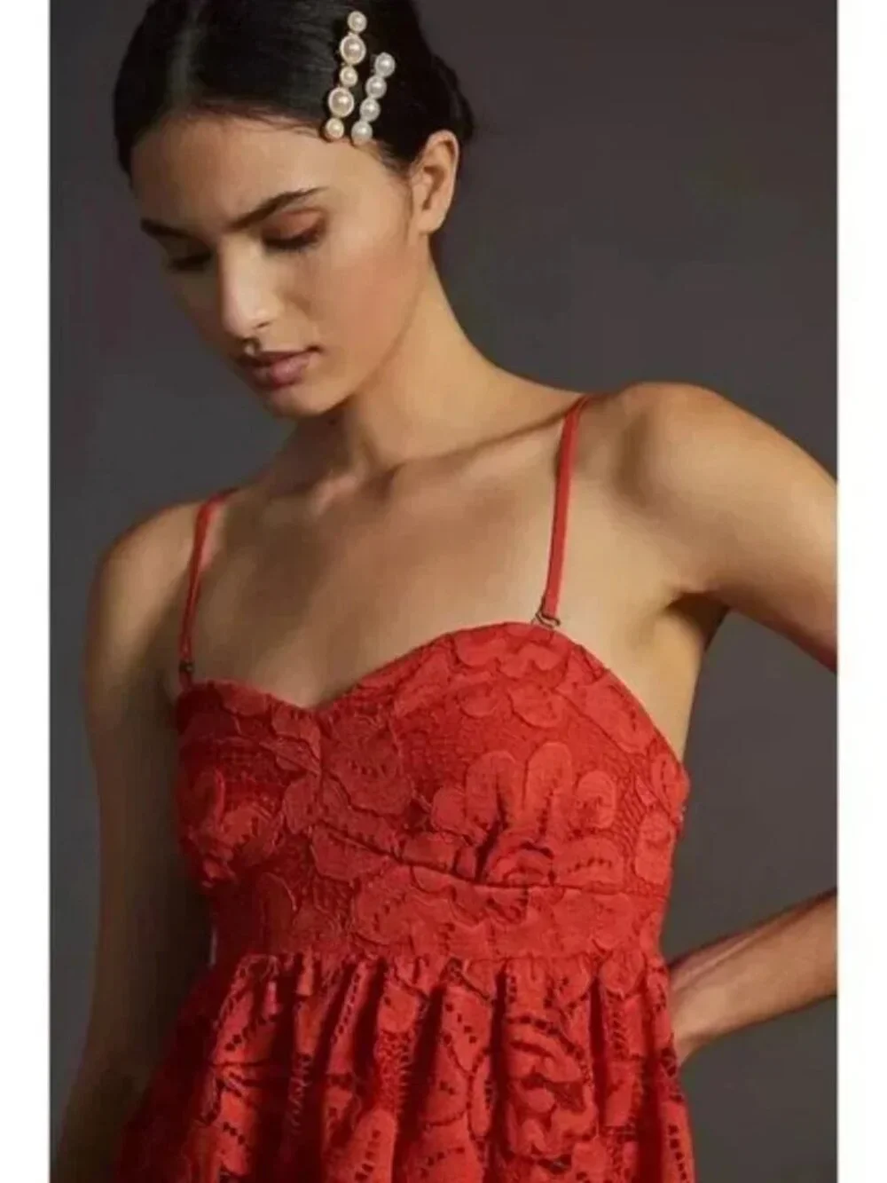 NWT Maeve Anthropologie Strapless Red Lace Tiered Mini Dress Size Small - Picture 2 of 15